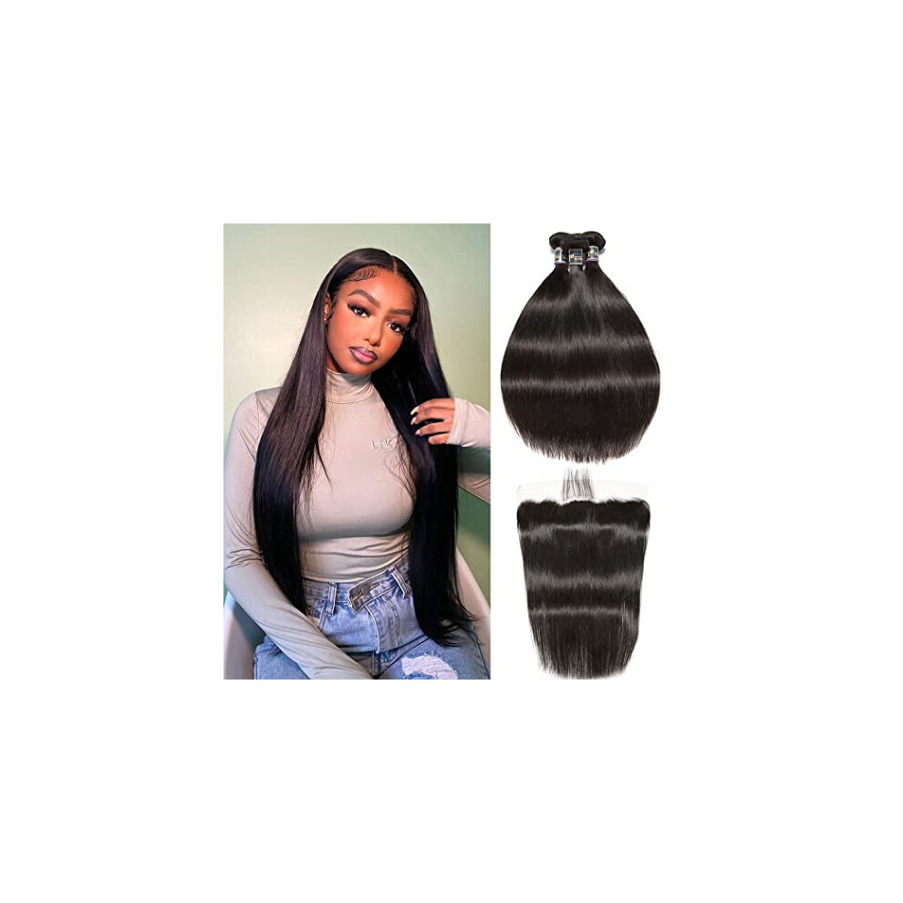 Unisex Straight Virgin Malaysian Human Hair Bundles With 13X4 Preplucked Lace Frontal 1B Color 9A Set