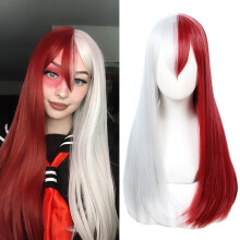 Todoroki Cosplay Wig Half White Half Red Long Straight Synthetic Wig with Bangs for Halloween Party