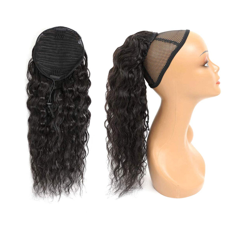 Unisex Black Human Hair Ponytail Extension Natural Corn Wave 14In Brazilian Remy Hair Drawstring