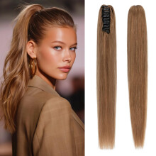 18 Inch Light Brown Remy Human Hair Ponytail Extension with Secure Claw Clip, Straight Clip In