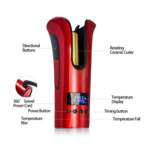 Automatic Curling Iron with Ceramic Ionic Barrel, AntiTangle Spin, LCD Temps and Timer, Red 1