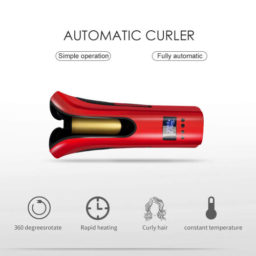 Automatic Curling Iron with Ceramic Ionic Barrel, AntiTangle Spin, LCD Temps and Timer, Red 2