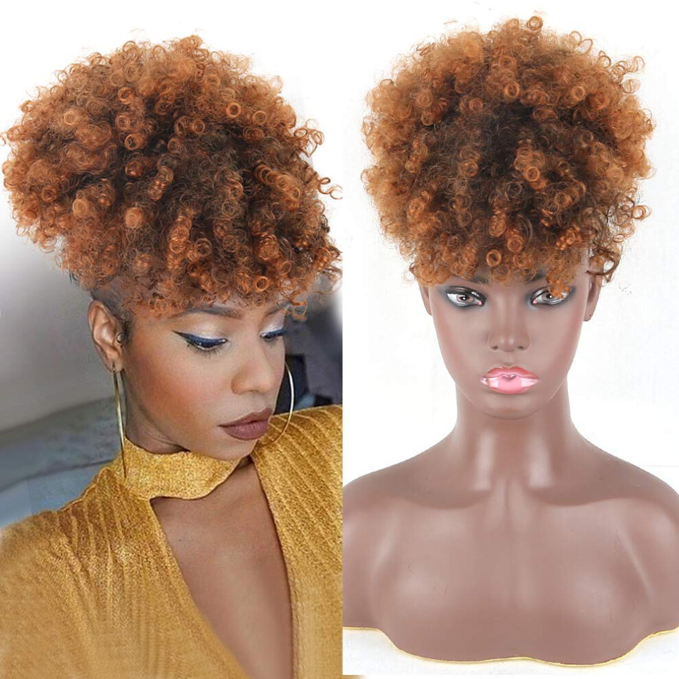 Unisex Black Afro Puff Drawstring Ponytail With Bangs, Kinky Curly Extension For Women, Heatresistant
