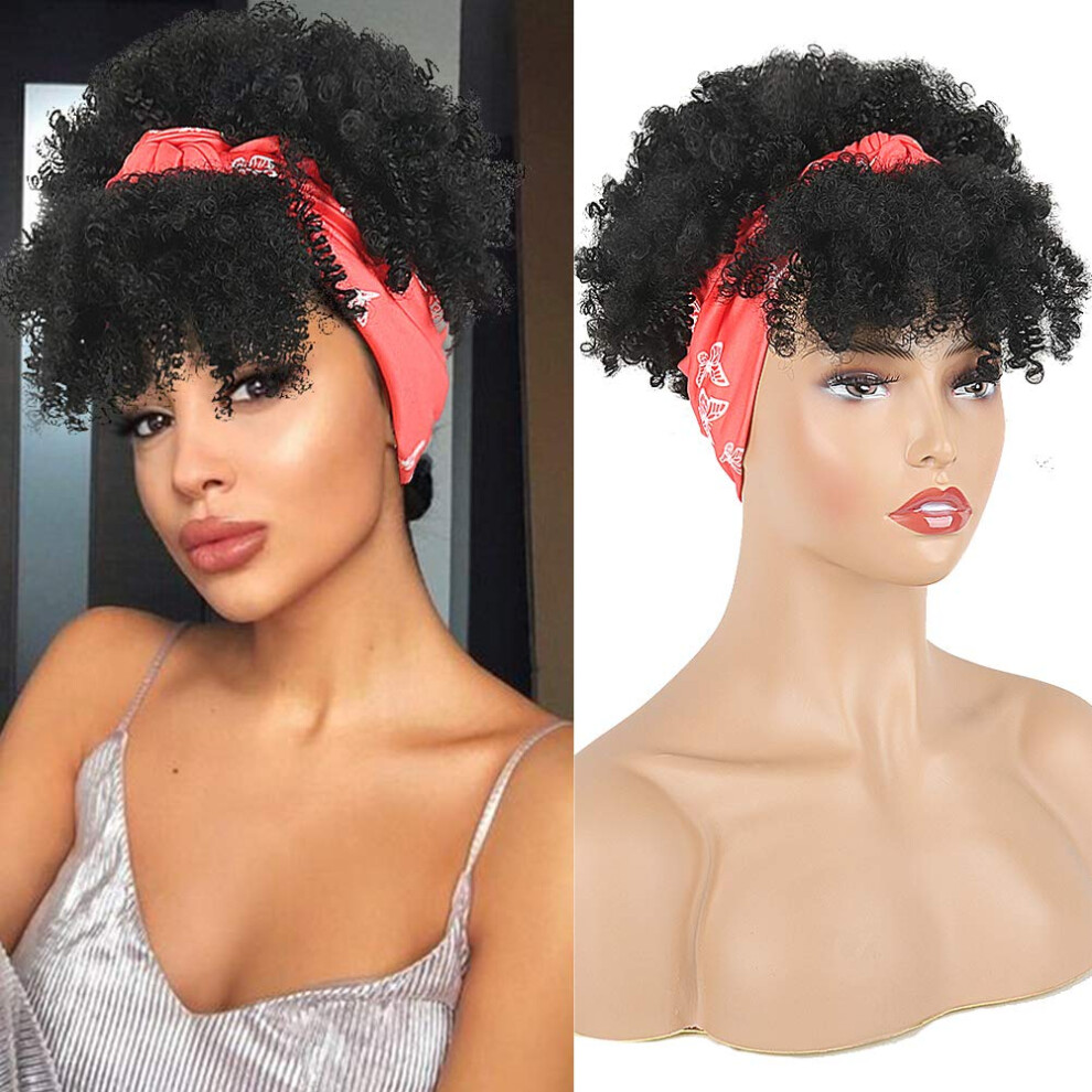 Unisex Black,Red Short Afro Kinky Curly Headband Wig For Black Women, Synthetic Red Turban Style, Natural Curls