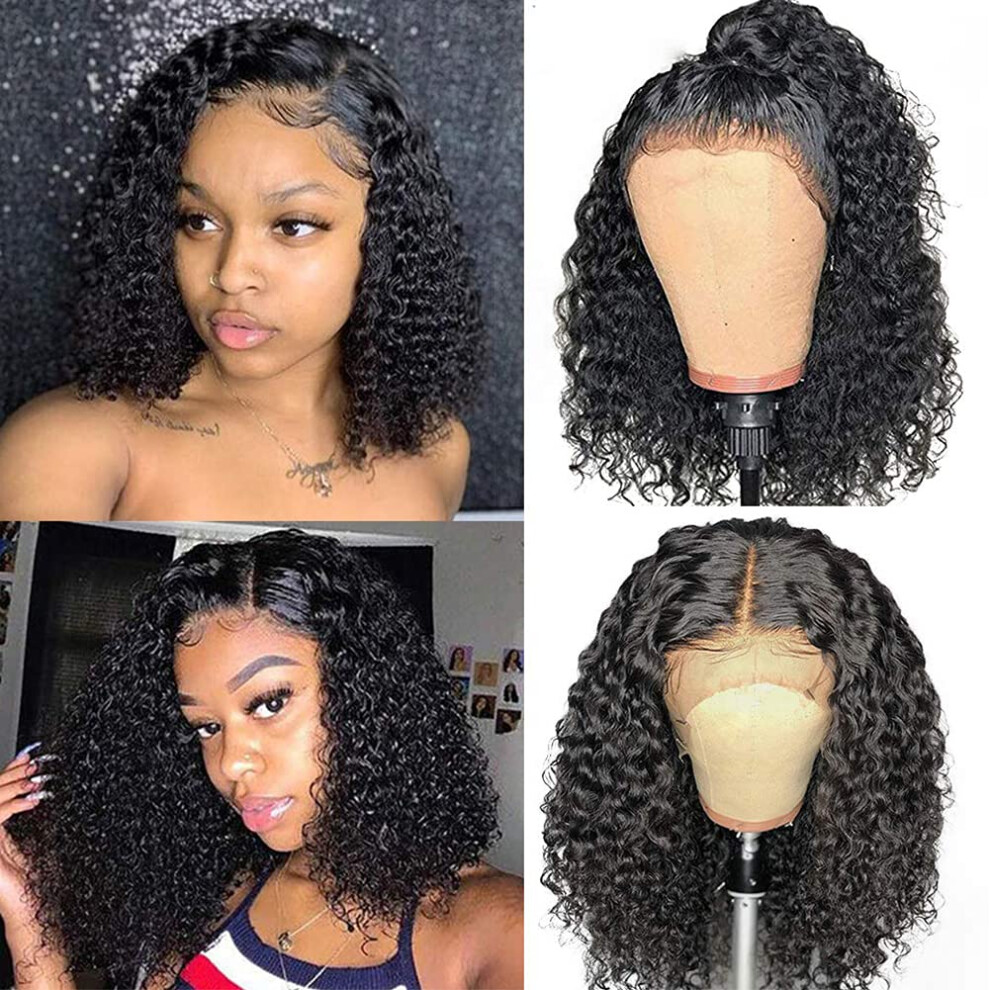 Kinky Curly Human Hair Lace Front Wig 13x4 Brazilian Wet and Wavy Pre Plucked with Baby Hair 150% Density Natural Black 12 Inch