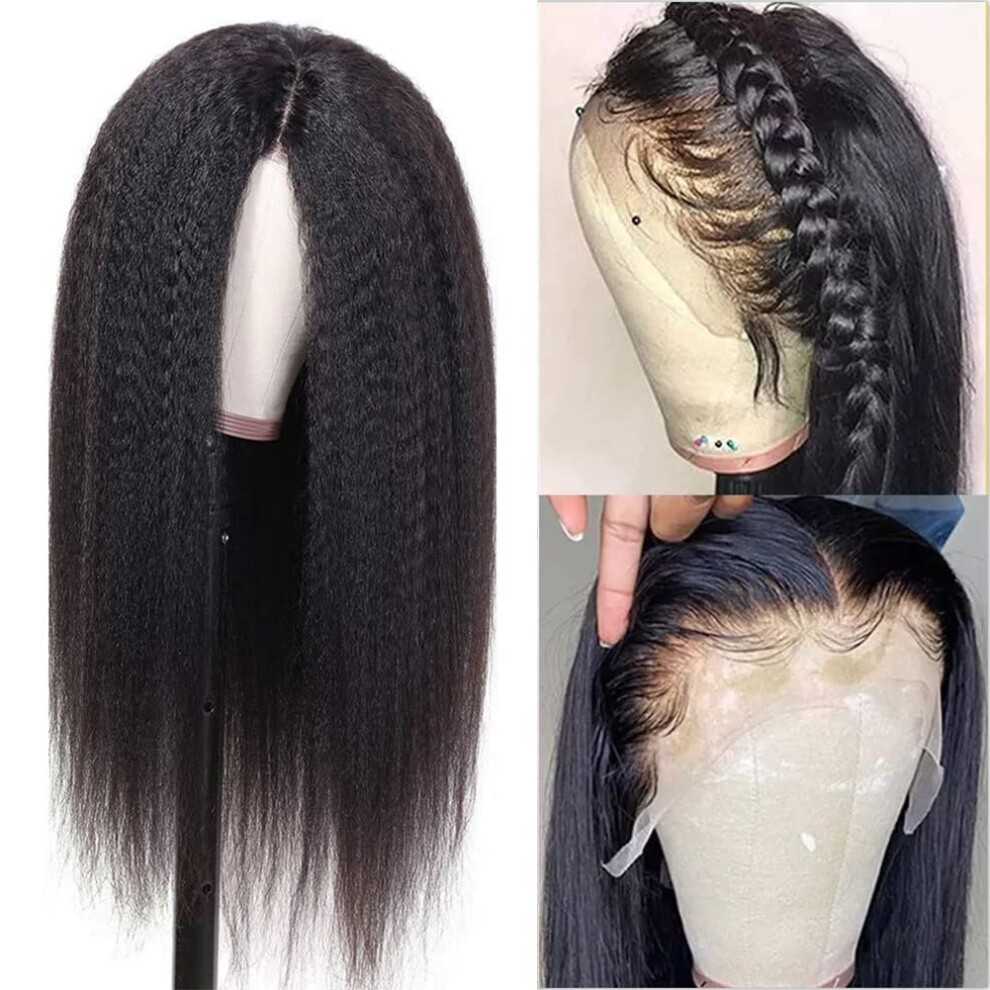 Unisex 18 Inch Kinky Straight Human Hair Lace Front Wig, Fake Scalp, Pre Plucked, Glueless, Natural Hairline