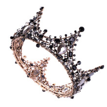 Wedding Crown Full Round Black Rhinestone Tiara for Prom and Bridal, Baroque Bronze Alloy 12cm