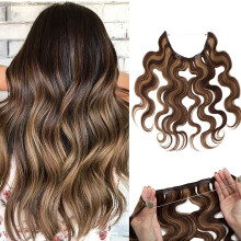 Invisible Wire Human Hair Extensions 22 Inch Long Wavy Medium Brown and Dark Blonde for Instant Volume