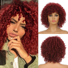 Short Curly Burgundy Afro Wig with Bangs Heat Resistant Synthetic Hair for Black Women