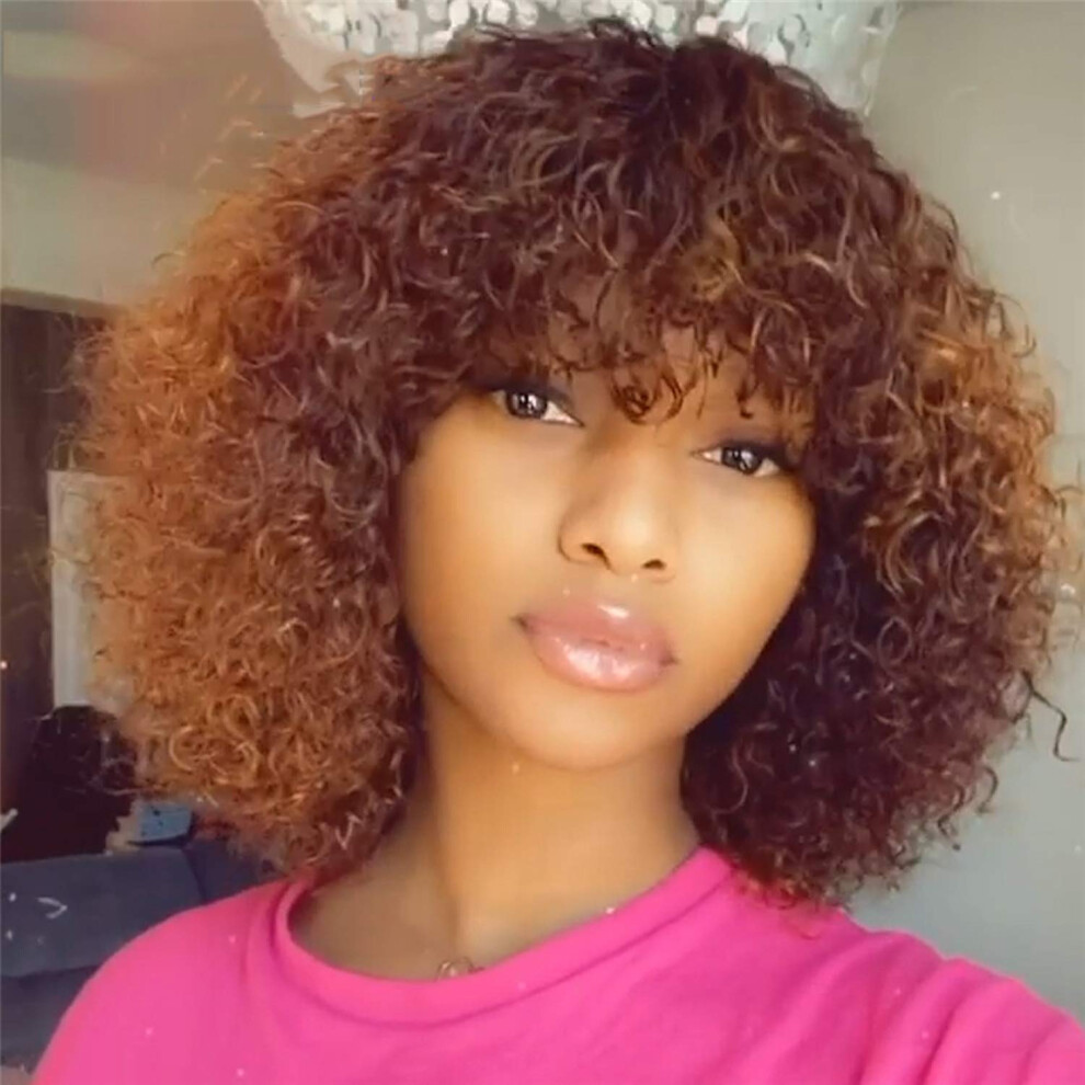 Unisex Black Human Hair Bob Wig Short Curly Ombre 12 Inch With Bangs For Women Pre Plucked Natural Hairline