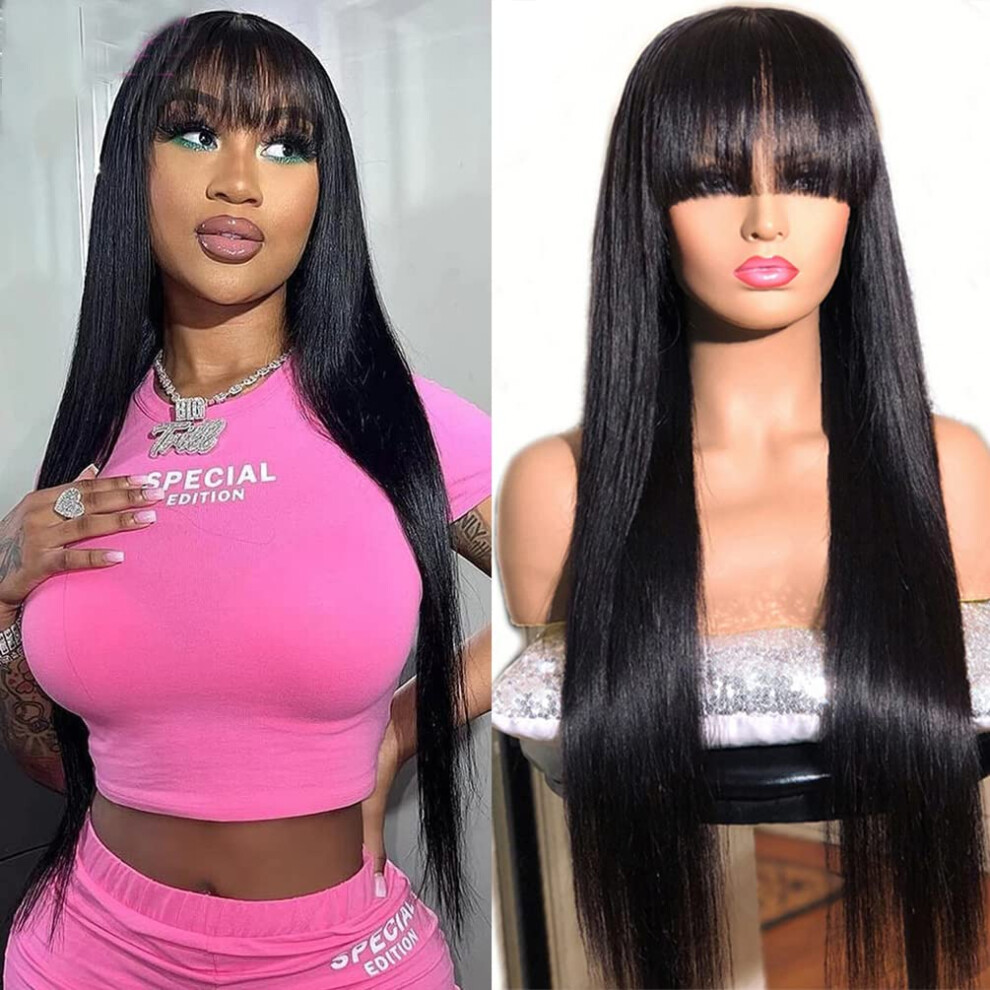 Unisex Black Brazilian Virgin Human Hair Wig With Bangs 130% Density Glueless Straight Natural 22 Inch