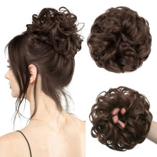 Ginger Brown Messy Bun Hair Piece Synthetic Wavy Ponytail Extension with Secure Elastic Tie