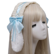 Blue Lace Lolita Bunny Ears Headband with Coordinated Styling Clips for Halloween Cosplay