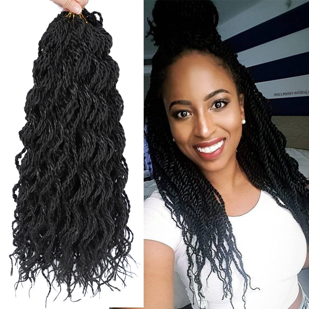 Unisex 18 Inch Wavy Senegalese Twist Crochet Hair Extensions, Natural Curly Texture, 4 Pack Synthetic 1B