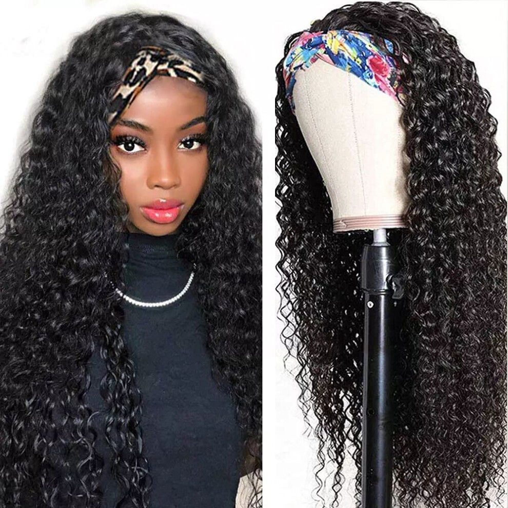Unisex Black Curly Headband Wig Human Hair Brazilian Remy 18 Inch Glueless Natural Curl For Women