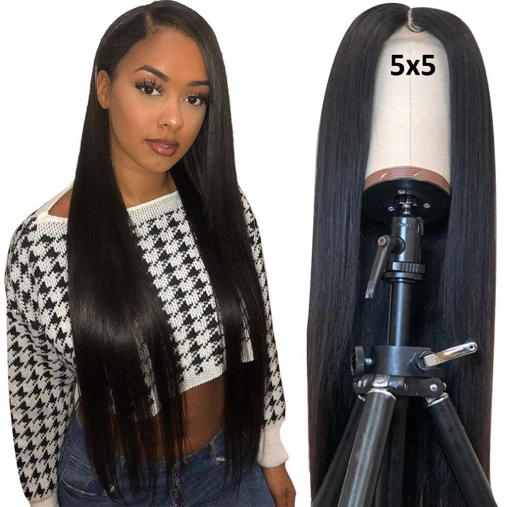 30 Inch 5x5 Lace Closure Human Hair Wig Brazilian Straight Pre Plucked Natural Hairline 150 Density