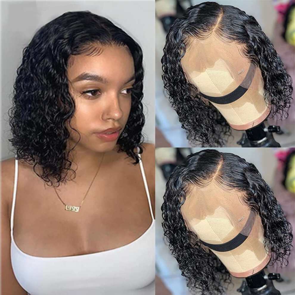 Unisex Black Curly Lace Front Wig 10 Inch Brazilian Remy Human Hair Bob For Women Glueless Pre Plucked