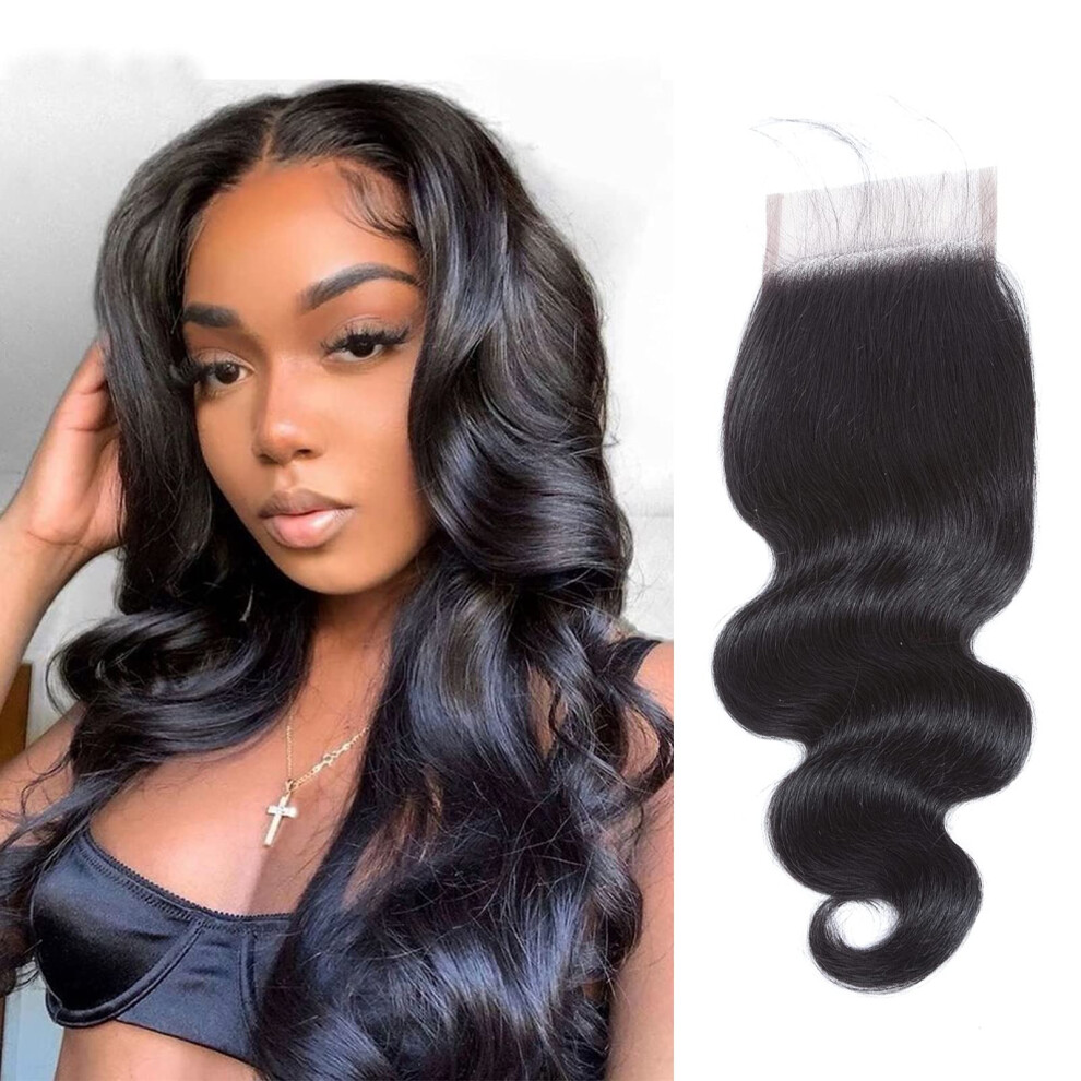 Unisex Brazilian Virgin Hair Body Wave 4X4 Lace Closure With Baby Hair Pre Plucked Hairline 20 Inch