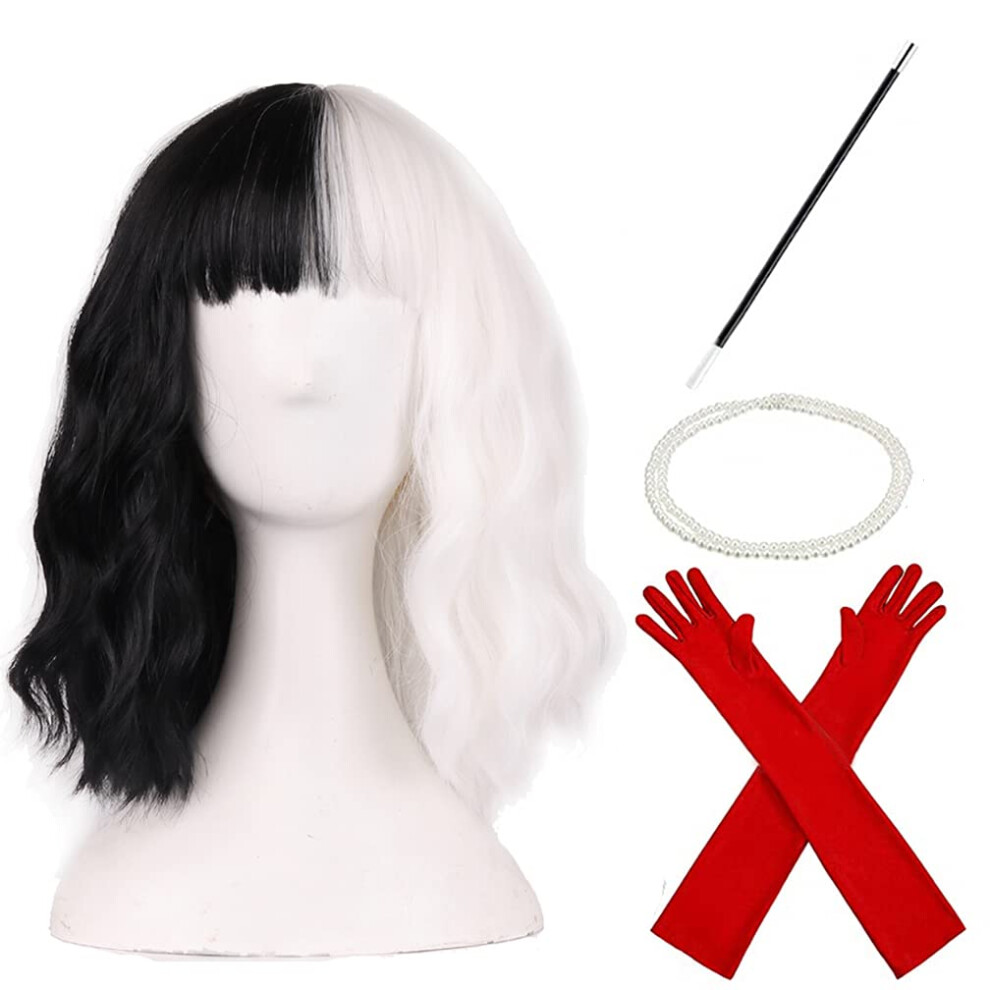 Unisex White,Black Black White Short Curly Wig With Bangs, Two Tone 14 Inches Synthetic Cosplay Wig