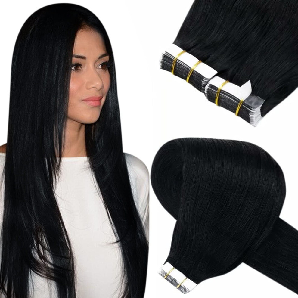Unisex Black Jet Tape In Hair Extensions 12 Inch Remy Human Hair Skin Weft For Natural Volume