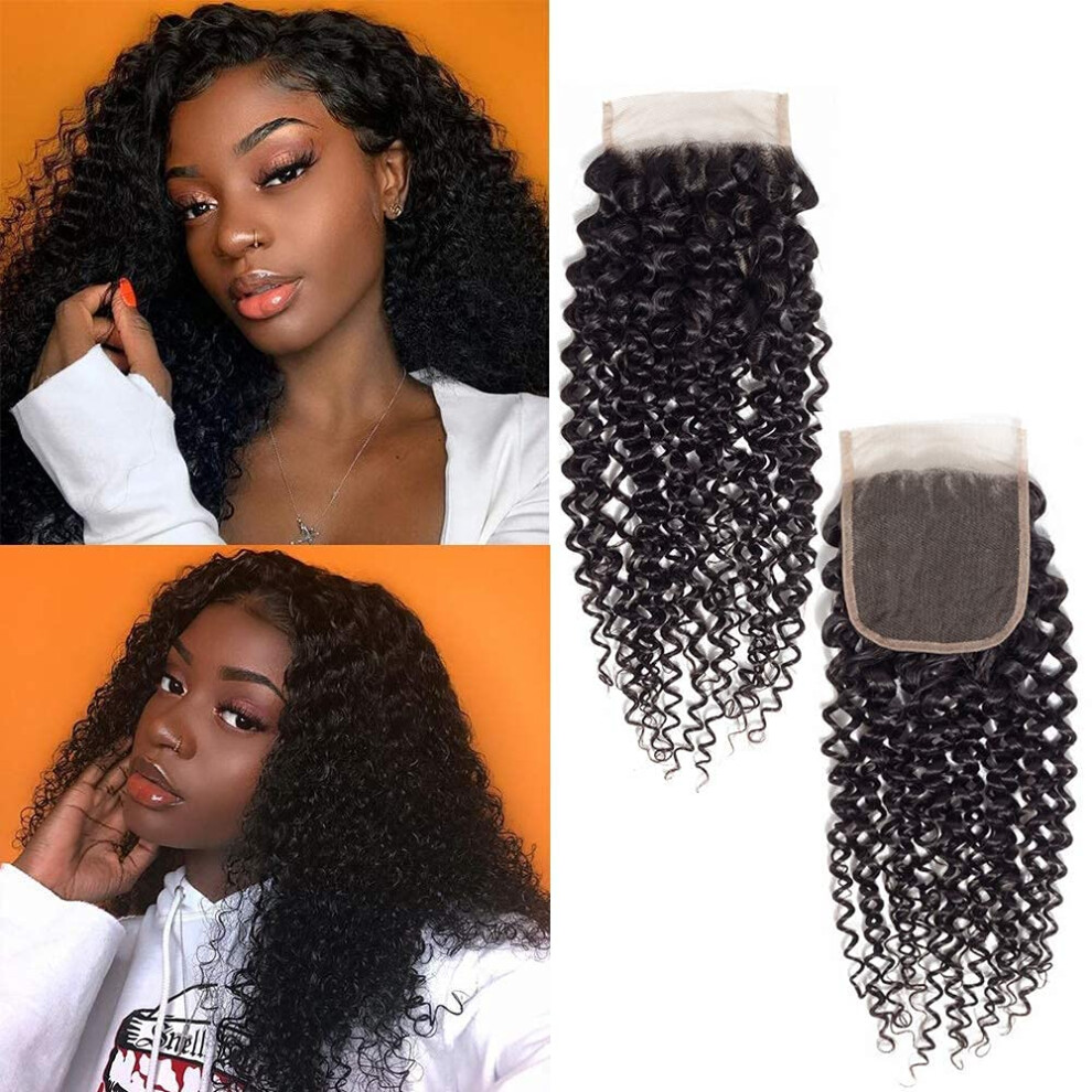 Brazilian Virgin Kinky Curly 4x4 Lace Closure 16 Inch Natural Black Human Hair with Center Part