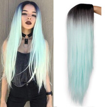 Mint Green Ombre Wig with Black Roots, 24 Inch Heat Resistant Synthetic Fibers for Cosplay