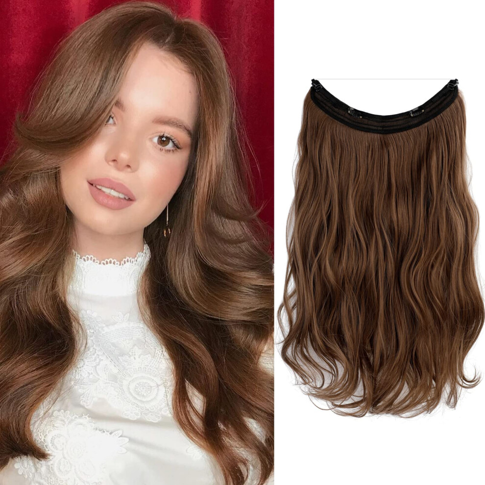 Unisex Brown Halo Hair Extensions Curly Wavy 18 Inch Invisible Nodamage Seamless Blend For Women Light Chestnut