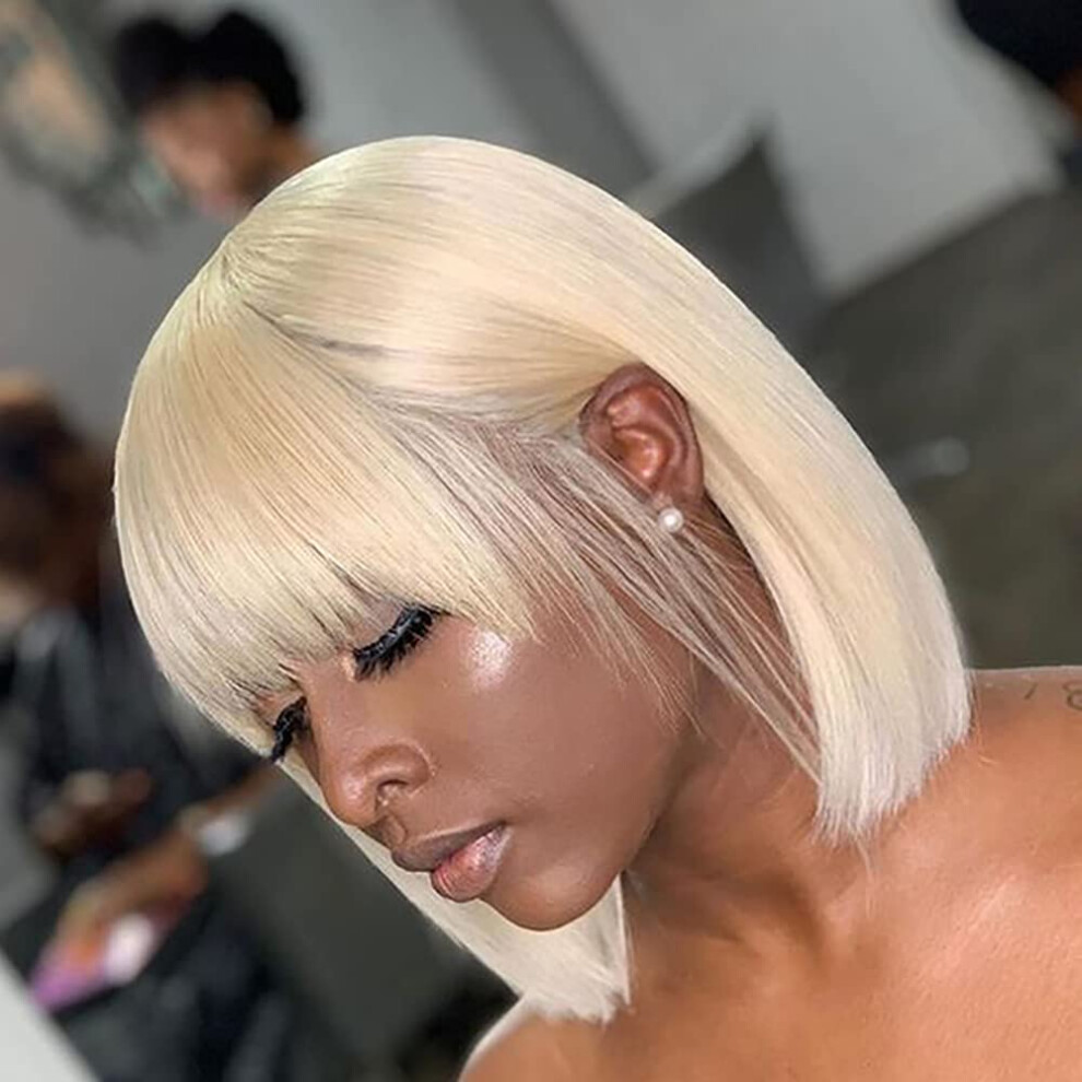 Unisex Black 613 Blonde 10 Inch Brazilian Human Hair Bob Wig With Bangs Glueless Readytowear For Women