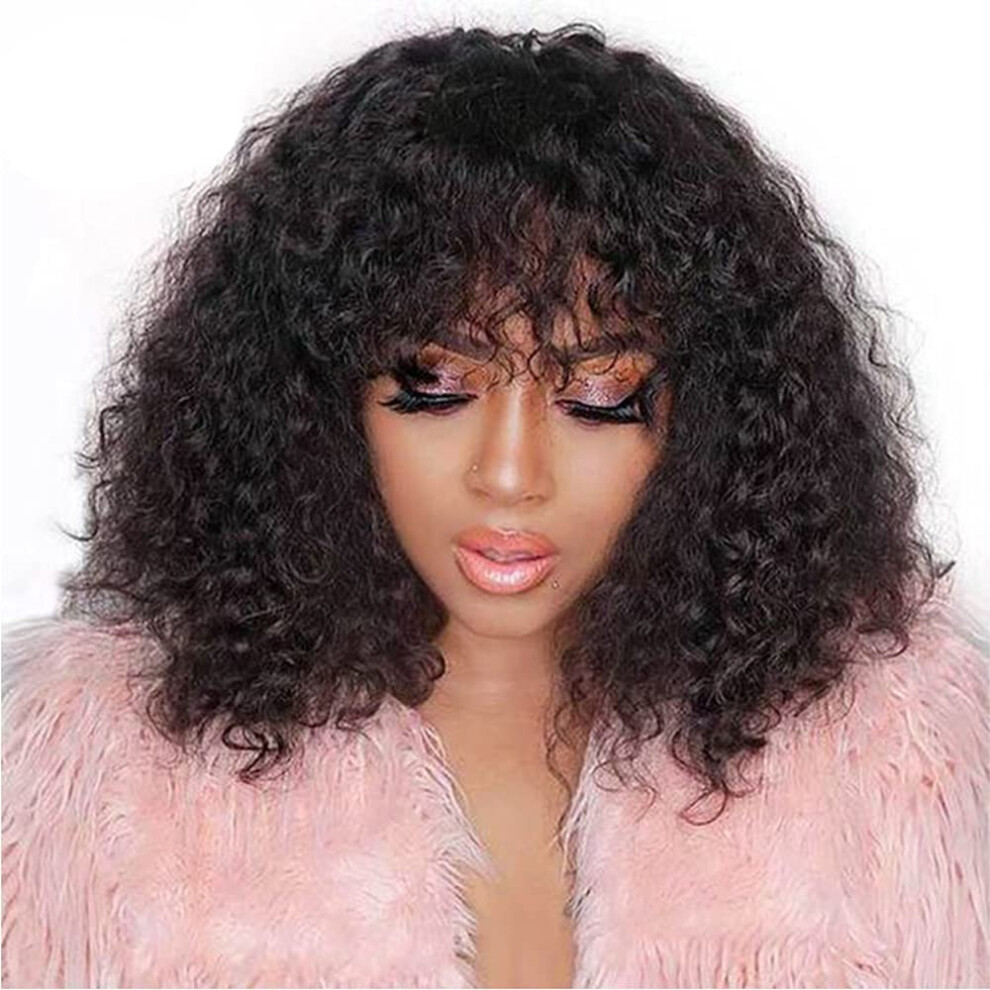 Unisex Black 13X4 Lace Front Human Hair Wig With Bangs Short Curly Bob For Women 10 Inch 150 Density Natural Hairline Design