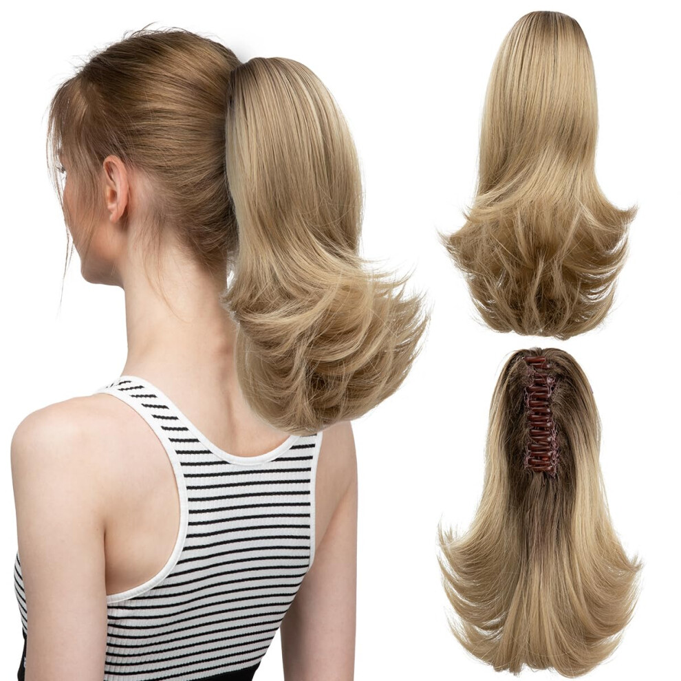Unisex Brown Ponytail Hair Extension Claw Clip Synthetic Hairpiece 12' Straight With Curls To Ash Blonde