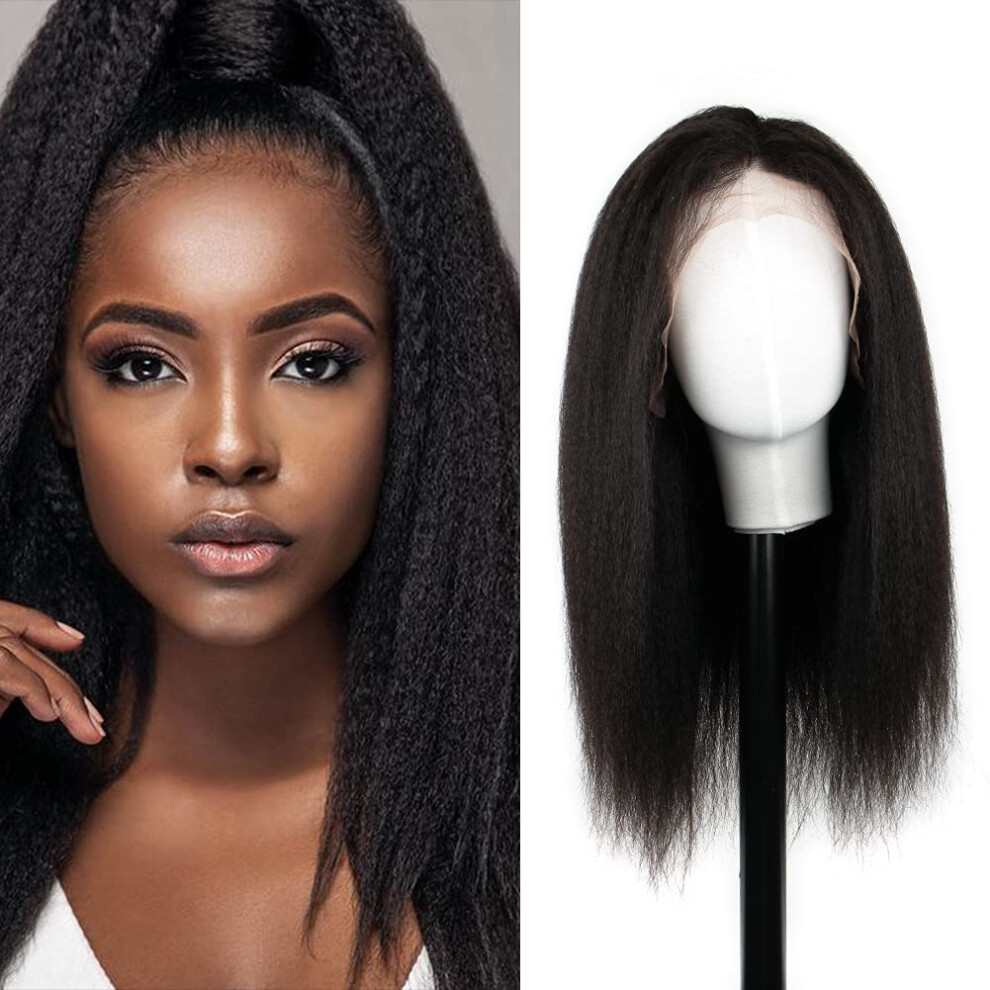 Unisex Black Kinky Straight Lace Front Human Hair Wig 13X4 Frontal Pre Plucked 150% Density Natural Hairline 18Inch For Women