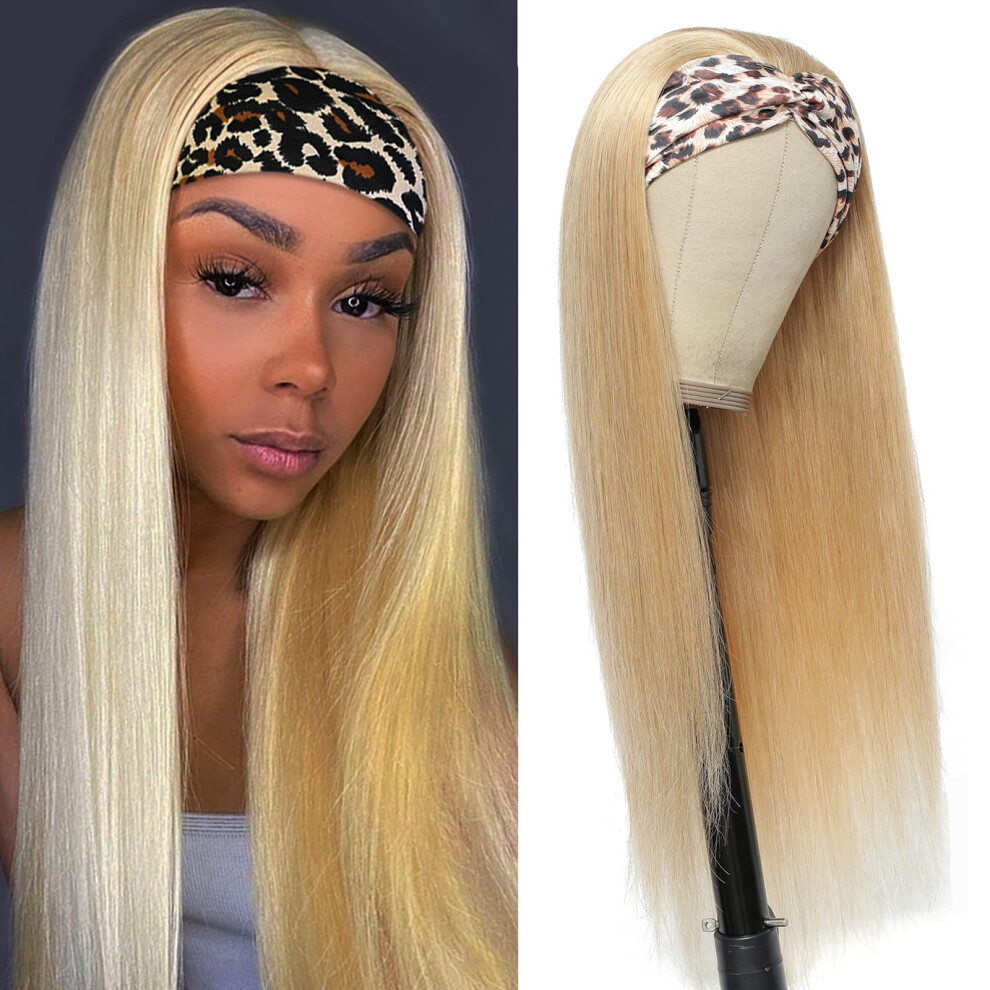 Unisex Black Blonde Headband Wig Human Hair 613 Brazilian Straight 14 Inch Glueless Readytowear For Women