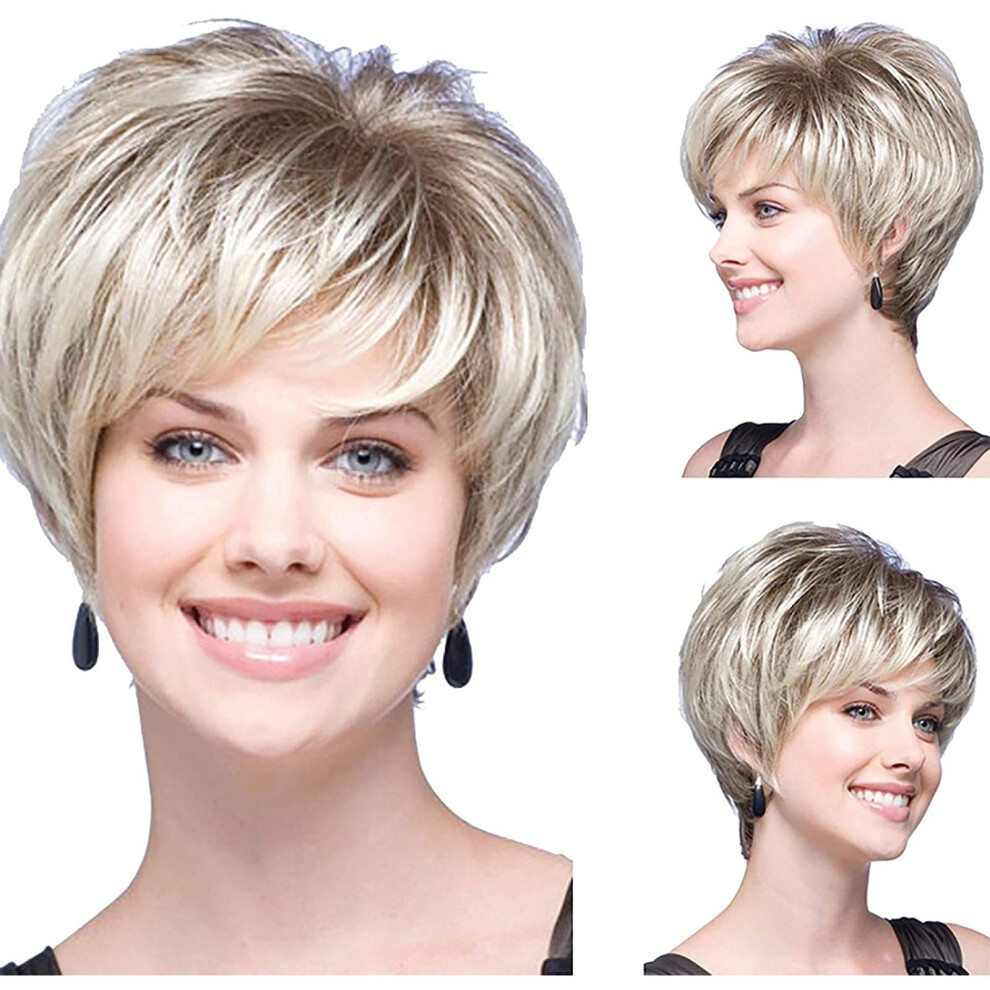 Unisex Gold Short Wigs For Women Pixie Cut With Bangs Heat Resistant Synthetic Hair For Daily Or Cosplay