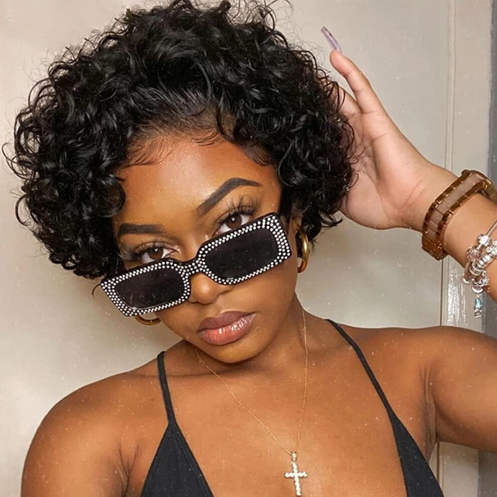 Unisex Black Pixie Cut Human Hair Wig Lace Front Short Curly 13X1 Hd Lace Bleached Knots For Women