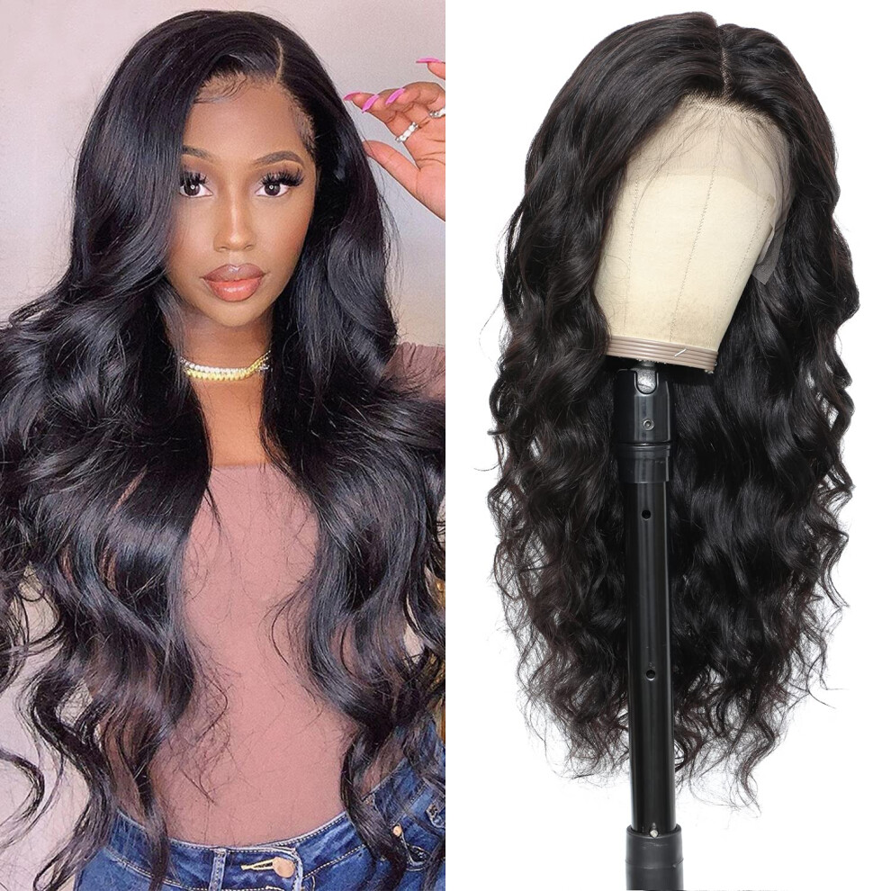 Unisex Black 16 Inch Body Wave Human Hair Lace Front Wig Glueless Natural Realistic Hairline For Women