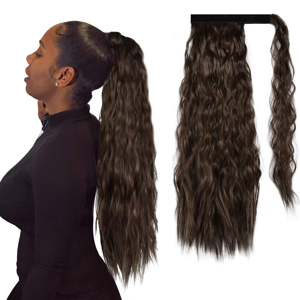 Unisex 28 Inch Curly Clip In Ponytail Extension With Wraparound Design, Corn Wave Hairpiece 4/30# Color