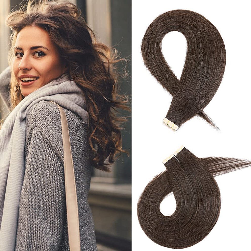 Unisex Brown 16 Inch Dark Tape In Hair Extensions Invisible Seamless Remy Human Hair Lightweight 40Pcs