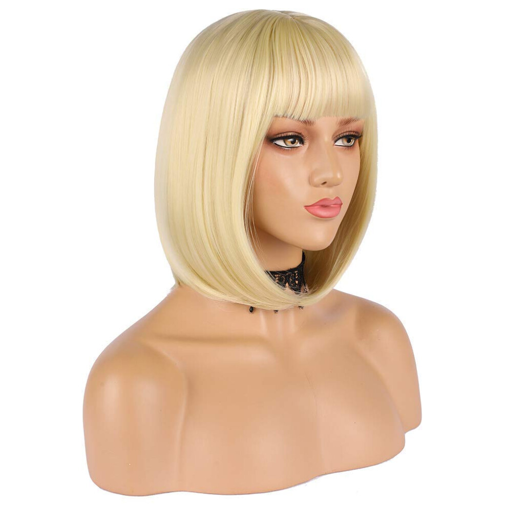 Unisex Light Short Blonde Bob Wig With Bangs, 12 Inch Straight Synthetic Blonde Wig, Natural Scalp, Heat Resistant