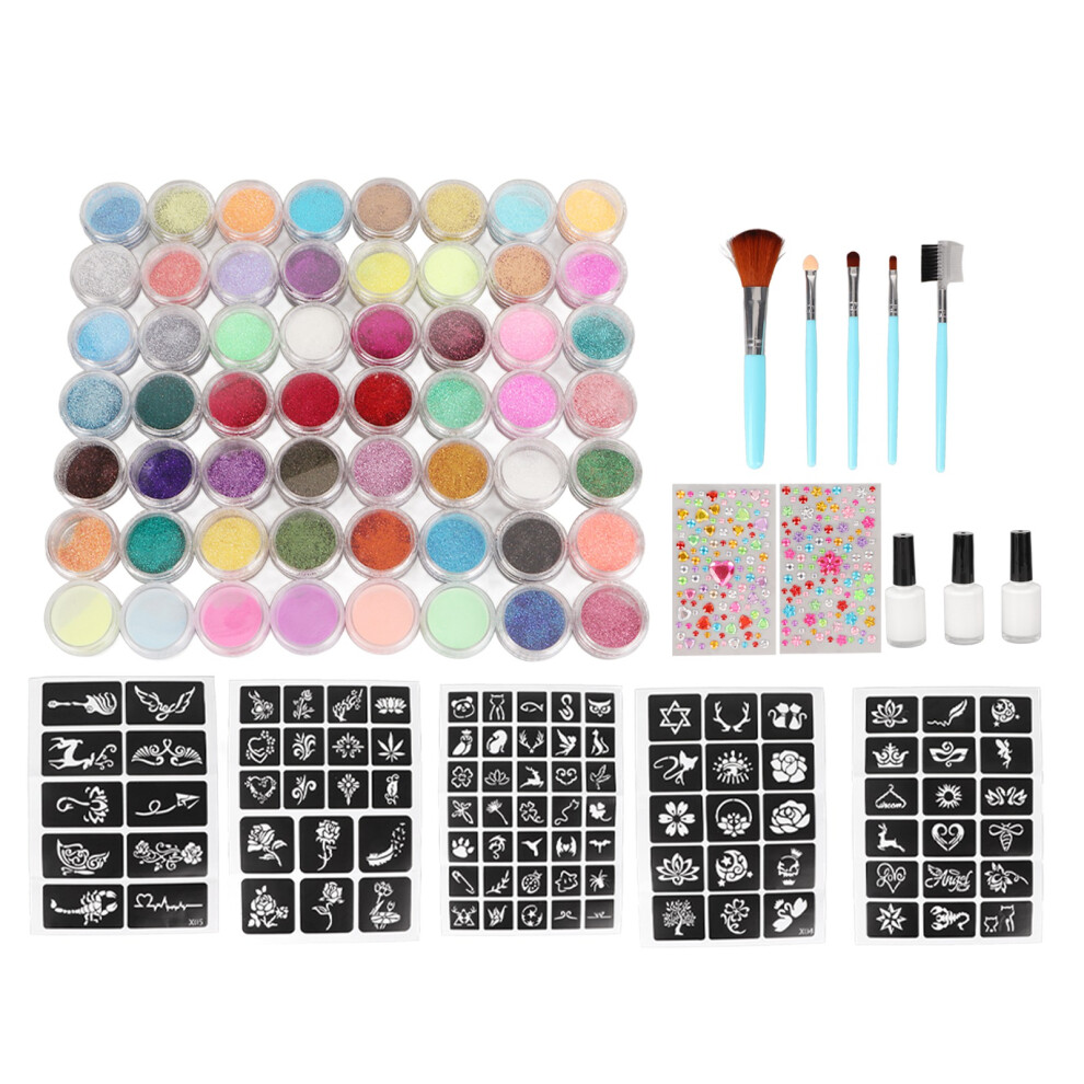 Glitter Tattoo Kit 50 Colors + 6 Luminous Powders 30ml Glue Long Lasting