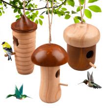 Set of 3 Wooden Hummingbird Houses for Outdoors, Hanging Nesting Boxes with Rope for Garden Charm