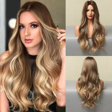 Long Blonde Wavy Wig for Women Heat Resistant Synthetic Fiber with Middle Part and Breathable Cap 24 Inch