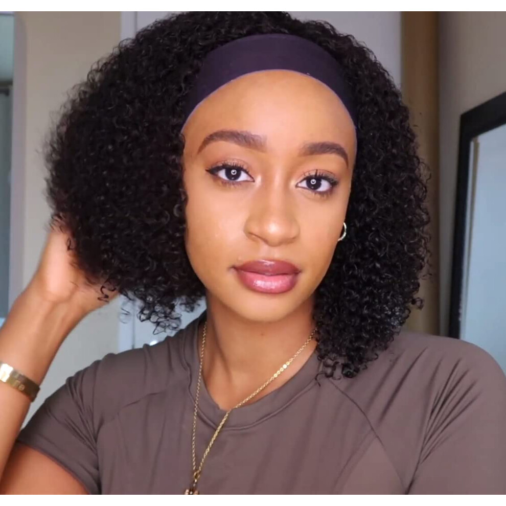 Unisex Black Headband Wig Human Hair Glueless Kinky Curly Virgin Brazilian For Women 150 Density Natural