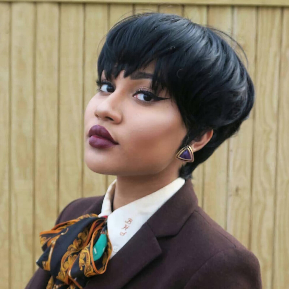 Human Hair Pixie Wig with Bangs Black Layered Short Cut for Women Natural Texture