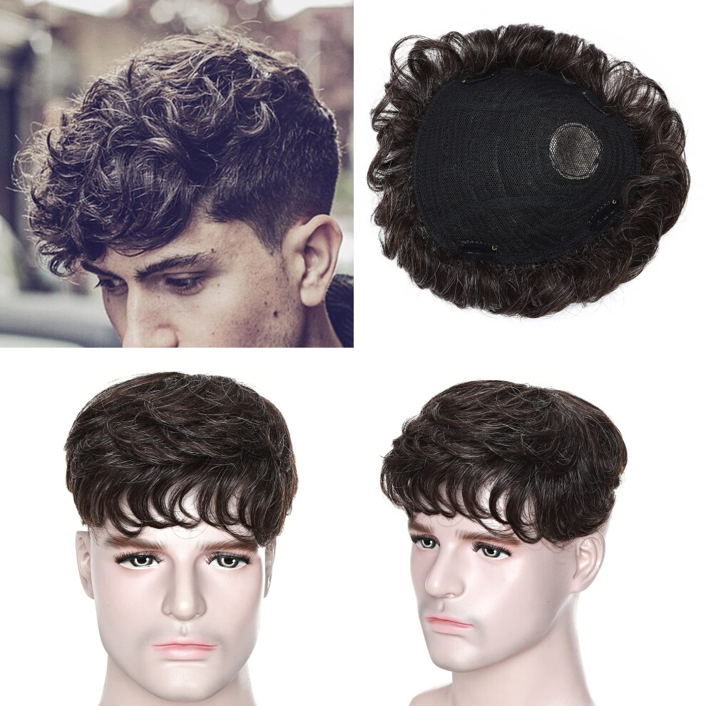 Unisex White,Brown Men's Hair Topper Remy Human Hair Toupee Short Curly Mono Lace With Clips Dark Brown Mix White