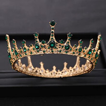 Baroque Green Crystal Wedding Tiara for Brides, Full Gold Bridal Crown with Elegant Handmade Finish