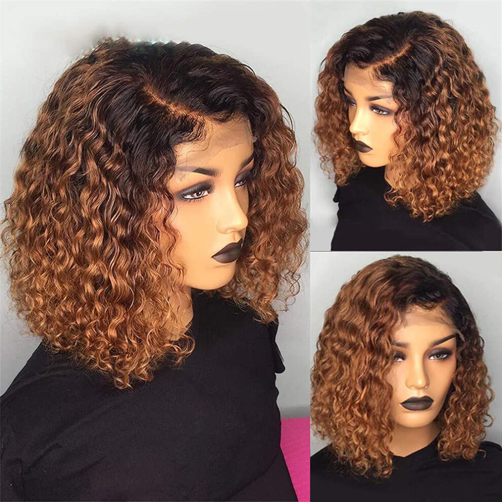 Unisex Ombre Honey Blonde Curly Bob Human Hair Lace Front Wig 13X4 Hd Transparent Preplucked Natural Hairline
