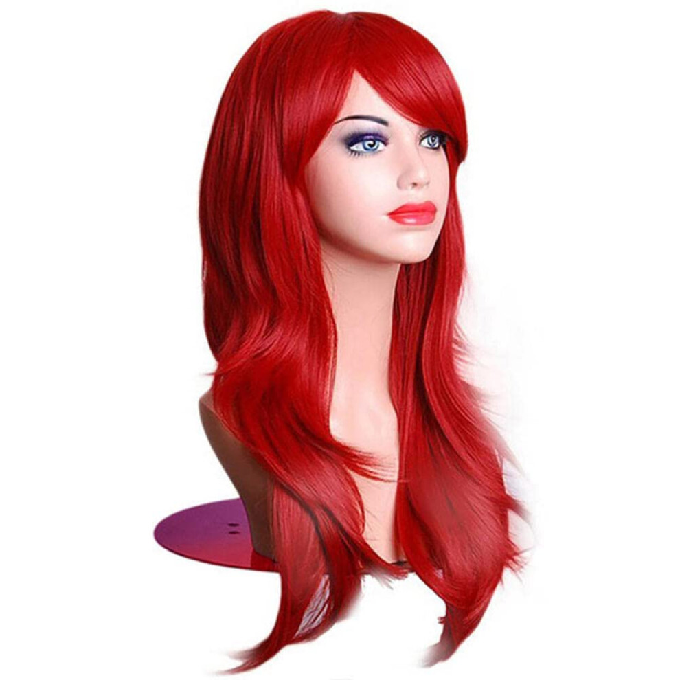 Unisex Red 28 Inch Wavy Curly Synthetic Cosplay Wig Density Glue Natural Hairline