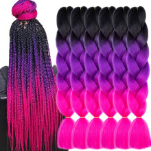 24 Inch Ombre Jumbo Braiding Hair Extensions, 6 Packs Black to Purple to Rose Red, Heat Resistant