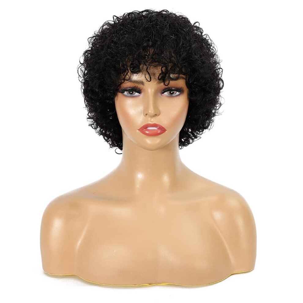 Unisex Black Human Hair Bob Wig Short Water Wave With Bangs 8 Inch Brazilian Glueless Pixie Cut Natural