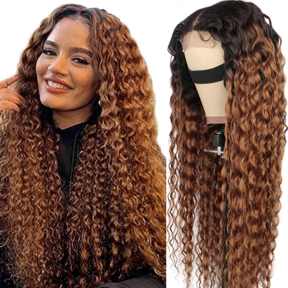 Curly Ombre Blonde 4x4 Lace Front Brazilian Virgin Human Hair Wig Pre Plucked Baby Hair 20 Inch 150% Density Natural Hairline
